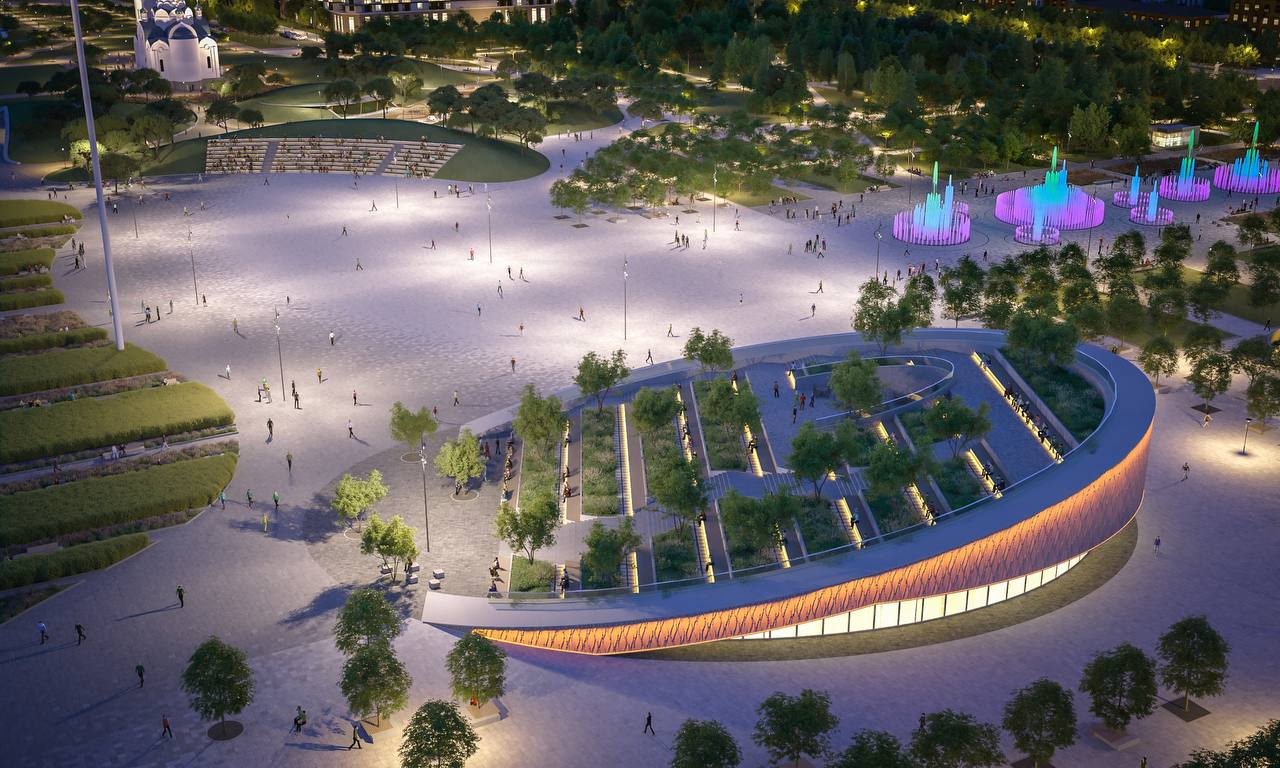 Подсветка зданий, фонтана и тротуаров: строители показали, как будет выглядеть благовещенская «Трибуна Холл» вечером