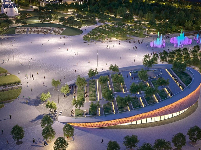 Подсветка зданий, фонтана и тротуаров: строители показали, как будет выглядеть благовещенская «Трибуна Холл» вечером